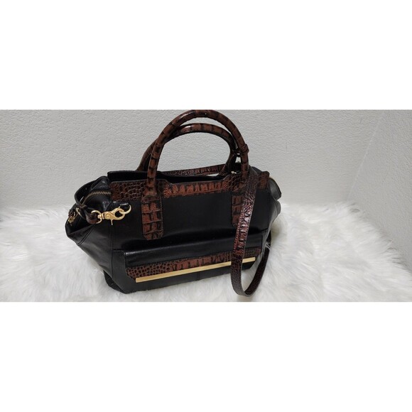 Brahmin Handbags - BRAHMIN TUSCAN COLLECTION Black Leather Shoulder Bag Croc Trim Handbag Purse